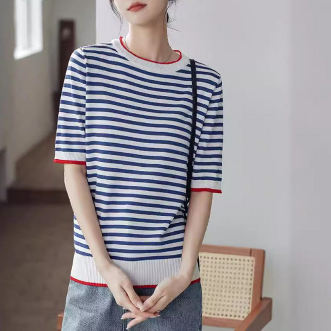 PETITBATH 여름여성데일리모던심플캐주얼오피스룩스트라이프레드배색루즈핏반팔니트티20대30대 WH 3773