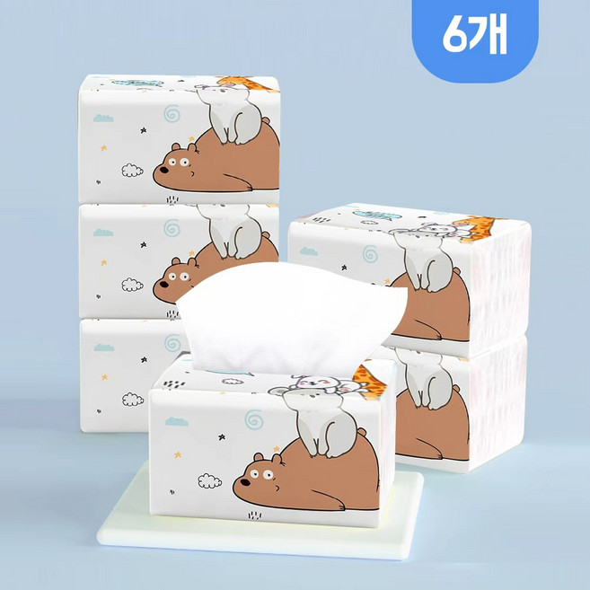 5겹 각티슈 천연펄프 미용티슈 부드러운 저먼지 고급형 가정용 사무실용 팩티슈, 1개, 6개입