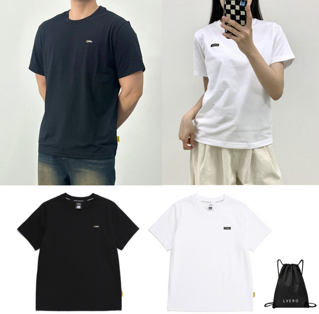 (백화점 정품) 내셔널지오그래픽 반팔 티셔츠 남녀공용 베이직 로고 커플 레이어드 반팔티 면티 (르베로 가방 지급)