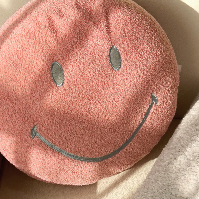 방긋 스마일 뽀글이 원형 쿠션, 핑크