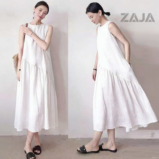 ZAJA 여성 여름 루즈핏 롱 원피스 민소매 린넨 데일리 바캉스룩