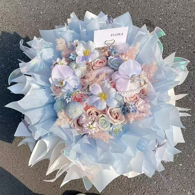 香皂花永生花多巴胺仿真玫瑰七夕節日生日禮物送女生高級感驚喜, 1個, 多巴胺33朵【藍色星河】送禮袋+燈串