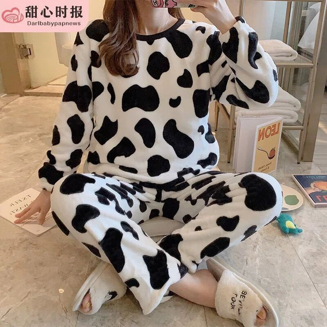 可愛珊瑚絨法蘭絨睡衣女 冬季加厚保暖套裝