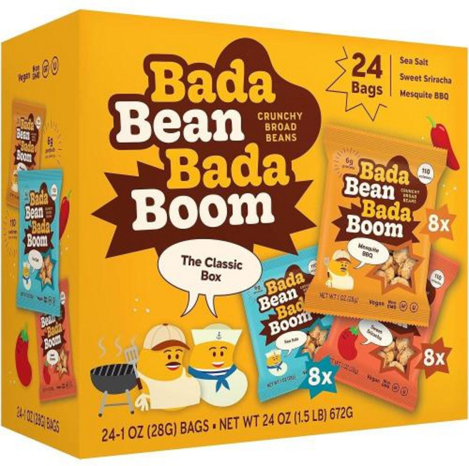 Bada Bean Boom 식물 기반 단백질 글루텐 프리 비건 바삭하게 구운 브로드Fava 콩 스낵 110칼로리 팩 클래식 박스 버라이어티 283g1온스 24팩, 1.5 Pound (Pack of 1)_클래식 박스, 없음, 1개