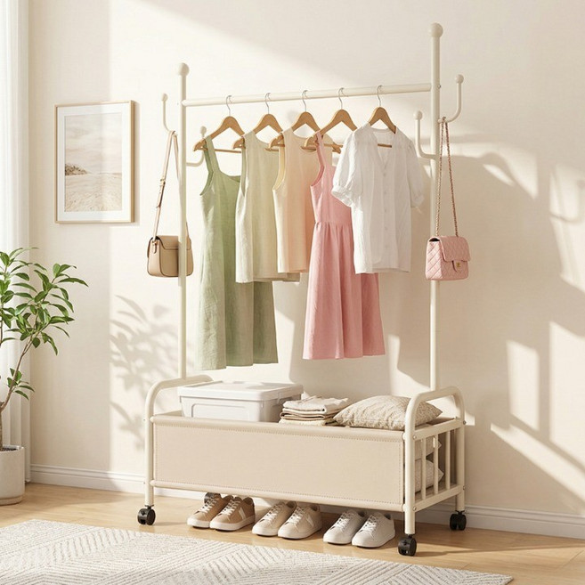 LOVCHO 다기능 이동식 바구니형 수납 행거, 크림색