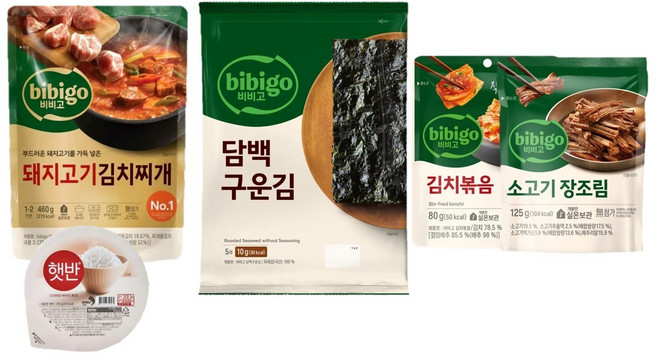 비비고 한끼 국반찬세트(햇반 돼지고기김치찌개 소고기장조림 김치볶음 구운김) 혼밥 간편식 밀키트, 1세트, 885g