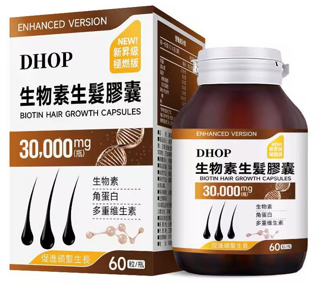 DHOP 生物素生髮膠囊 強化版 30000mg 根源養髮 密頂耀黑 60粒, 1件, 單瓶體驗裝, 74g