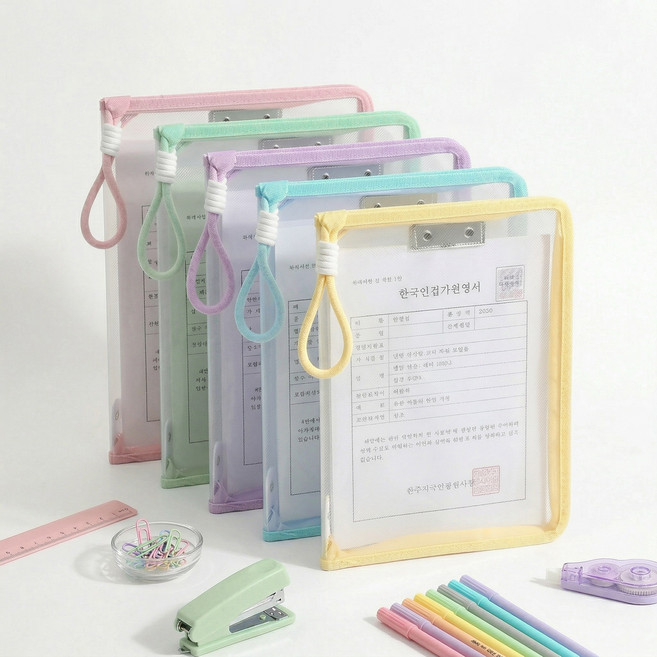 투명 파일파우치 A4 지퍼 파일백 5개입 컬러별 정리 시험지 서류 문서정리 학생용, 1세트, 혼합 색상