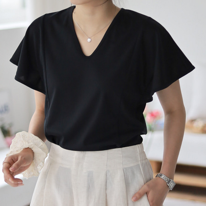 봉봉스토리 렛트 날개 소매 브이넥 반팔 티셔츠 여성 고급 블라우스티 국내제작 2size