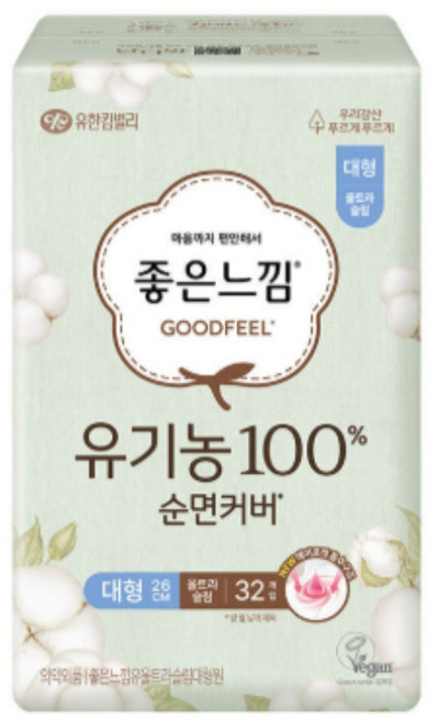 좋은느낌 내추럴코어 유기농 순면커버 내추럴 코어 울트라슬림 날개형 생리대, 대형, 32개입, 1개