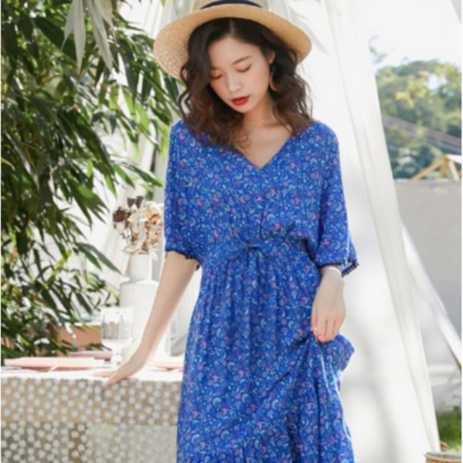 롱 맥시 에스닉 반팔 루즈핏 비치원피스 HC414