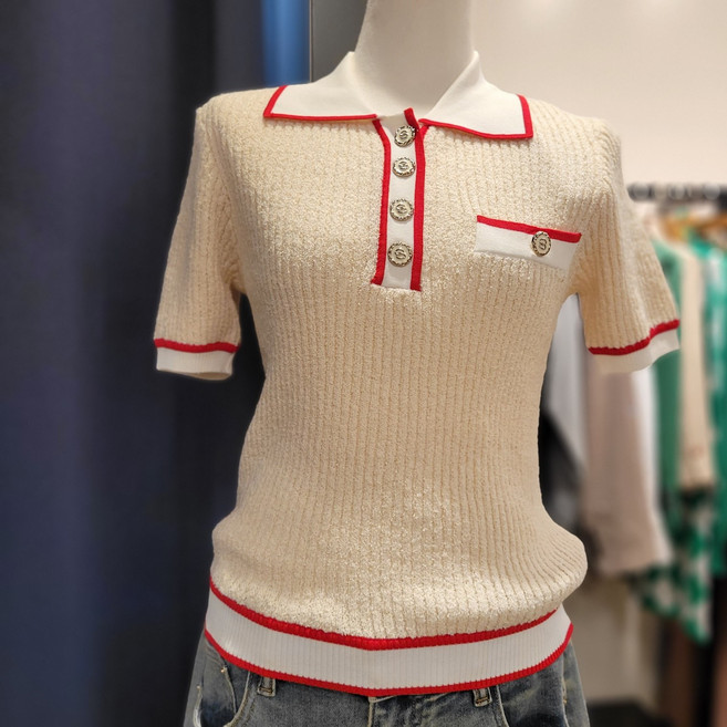 제시뉴욕 산본 카라배색 스판 슬림핏 반팔 니트