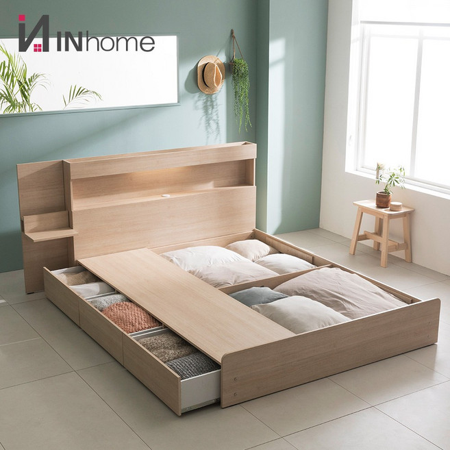 인홈 소담 EO등급 LED 수납 침대프레임, 화이트