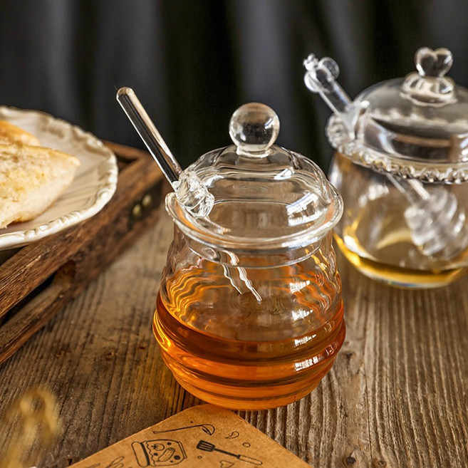 릴스베이 유리 꿀단지 꿀봉세트 허니 디스펜서 꿀병 꿀통 시럽 소스 보관 용기, 1개, 300ml