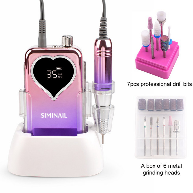 SI NAIL 네일 드릴 머신 35000 휴대용 전기 충전식 Efile 파일 비트 세트 매니 키트 기계, Heart set_UK, 1개