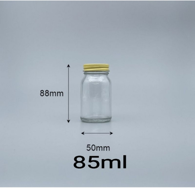 佳樺MIT透明玻璃黃鐵蓋瓶 85ml 錠劑瓶 分裝瓶 藥丸瓶 藥粉瓶, 1個, 85ml(10K)黃鐵蓋透明玻璃瓶一支,購物滿100元出貨不含運歡迎合購其他商品