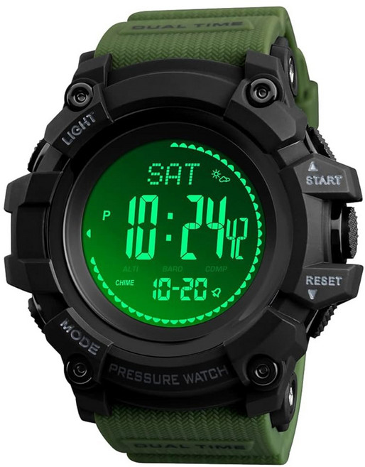 AOSLSI 시계 나침반 고도계 기압계 온도계 만보계 군용 군사 방수 아웃도어 스포츠 디지털 남성용, Green