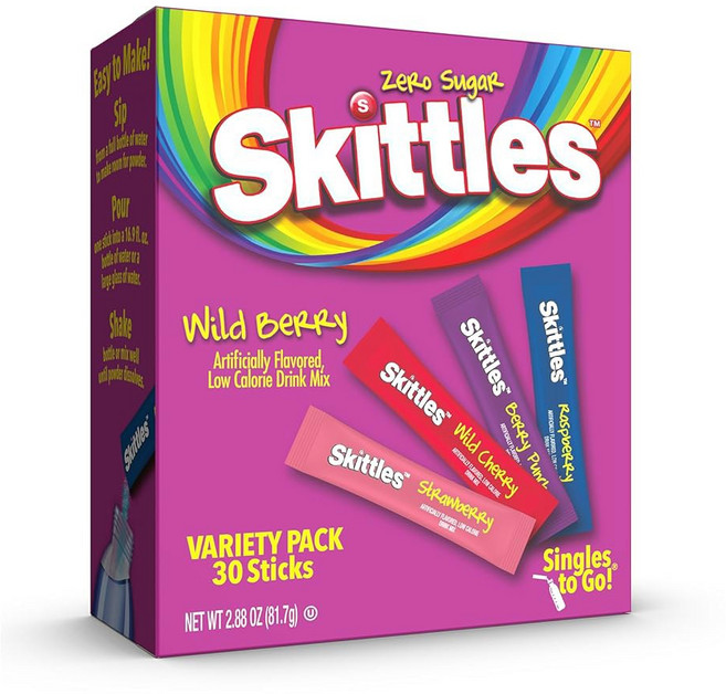 싱글즈 테이크 아웃 스키틀즈 싱글즈 테이크 아웃 트로피컬 맛 버라이어티 팩 파우더 드링크 믹스 스트로베리 스타프루트 망고 탄젤로 키위 라임 파인애플 패션프루트 1박스 싱글 30인분, Wild Berry Variety Pack
