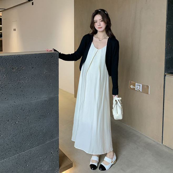 韓版寬鬆孕婦吊帶連衣裙 氣質長裙兩件套, 2XL【建議75.0-85.0公斤】