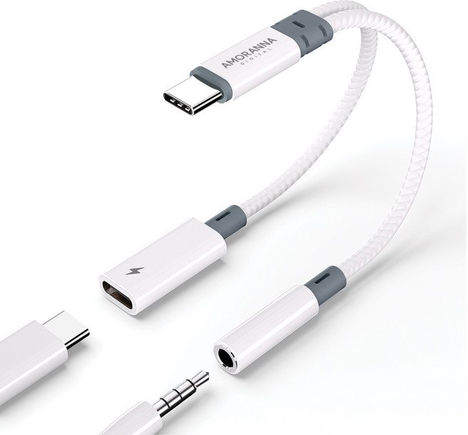 아모란나 C타입 듀얼젠더 고음질 DAC 꼬다리덱 PD 충전 60W KT02H20칩셋 32bit 384KHz 이어폰 헤드폰 젠더, 화이트, 1개