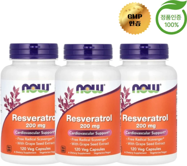 나우푸드 천연 레스베라트롤 200mg 베지 캡슐 120정, 3개 - 쿠팡