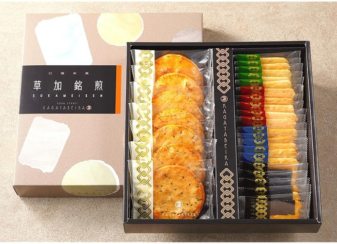 소카명 센베이 선물 쇼핑백 포함 (27개입) 개별 포장 완료 여러 가지를 섞어 담은 증답 선물 간단한 선물 과자 카가야 쌀과자, 27개입, 1개