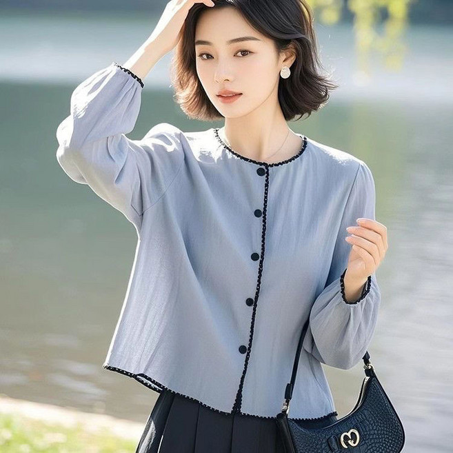 圓領長袖襯衫 氣質顯瘦