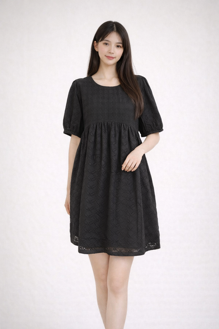 플라워 자수 미니 원피스 여성 A라인 퍼프소매 루즈핏 블랙 원피스 여름 데일리룩