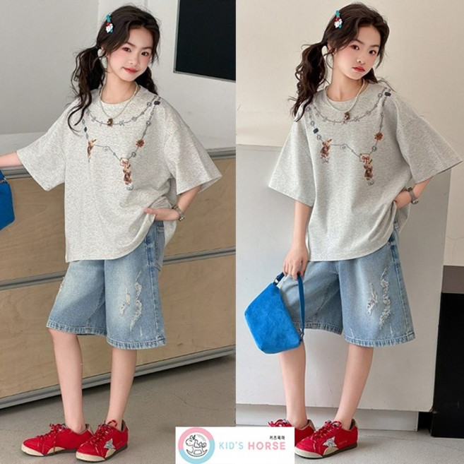 키즈목마 여아용 여름 초등생 체인프린팅 반팔 반바지 주니어 플라워 포인트 티셔츠 연청 데님 5부팬츠 상하세트 915