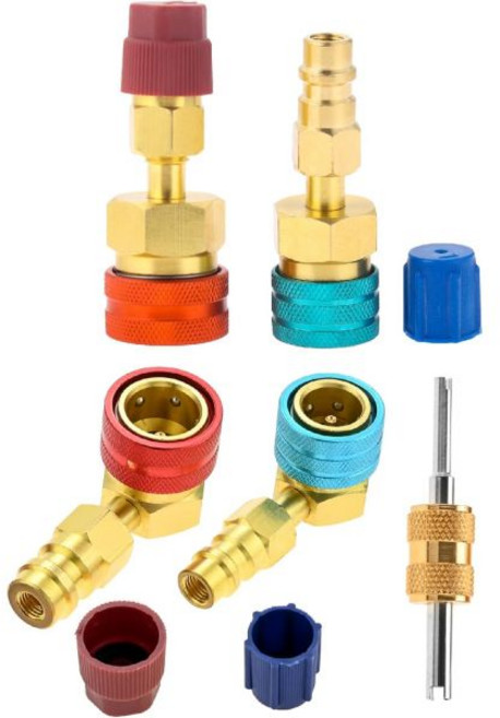 4개 세트 R1234yf 어댑터 키트 R1234yf에서 R134a로 빠른 커플러 90도 직선형 고/저측 커넥터 변환 차량 에어컨 냉매 HVAC 재충전용