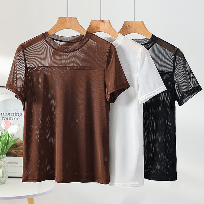 ROYALBELLE 여성 시스루 망사 반팔 빅사이즈 라운드넥 베이직 티셔츠 K0022624