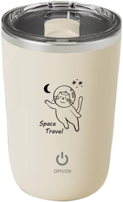 無把手款 透明杯蓋 IPX6級防水 自動攪拌杯 380ml 可放吸管 觸碰啟動 不鏽鋼內膽 USB充電, 【慵懶貓】淺米黃-放空(心思拋到外太空), 1個