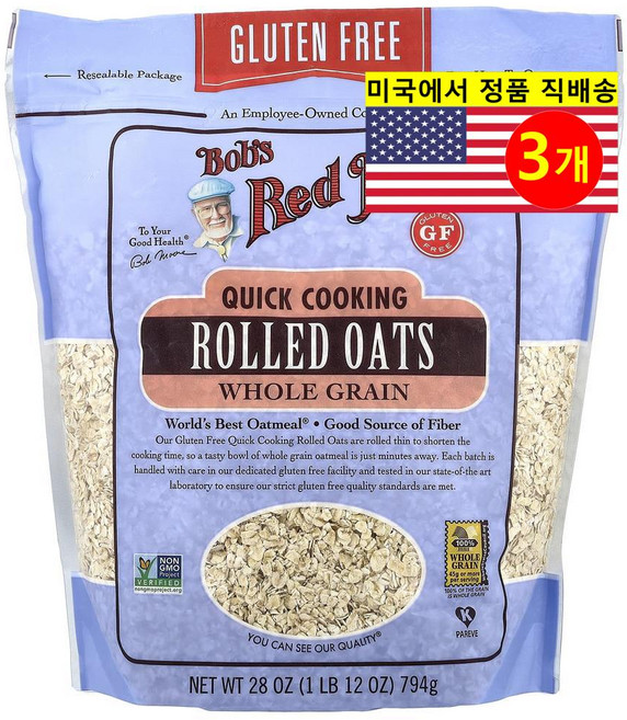 Bob's Red Mill 건강하고 맛있는 식사 간식용 빠른 조리 오가닉 통곡물 롤드 오트밀 납작 귀리 794g 1개, 3개