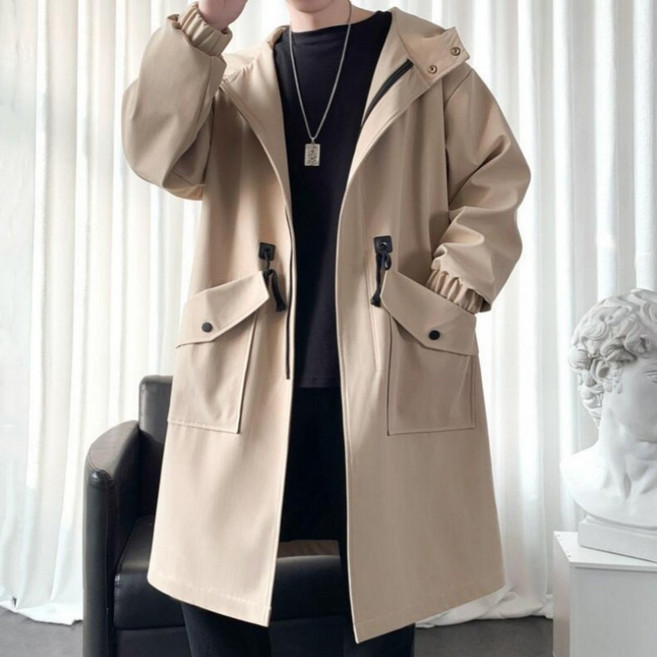 남성 봄 가을 데일리룩 트렌치 코트 빅사이즈 루즈핏 후드 롱코트