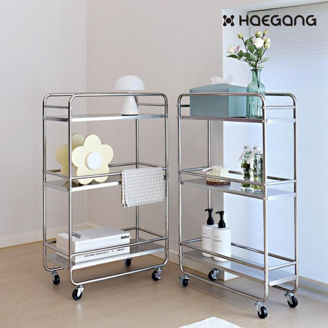 프라픽 미드센츄리 모던 스텐 트롤리 틈새 거실 화분 주방 베란다 조립식 이동식 선반 수납장 카트 웨건 3단 철제, 미드센츄리 모던 스텐 트롤리 S, 상세페이지 참조