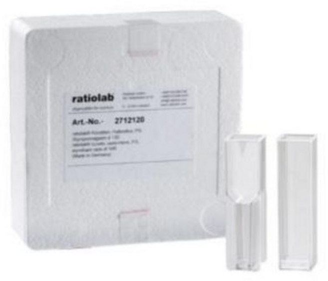 RATIOLAB제품 PS재질 일회용 큐벳 Cuvettes PS 4ml 100/pk [HRA-2711110], PS재질 일회용 큐벳 4ml