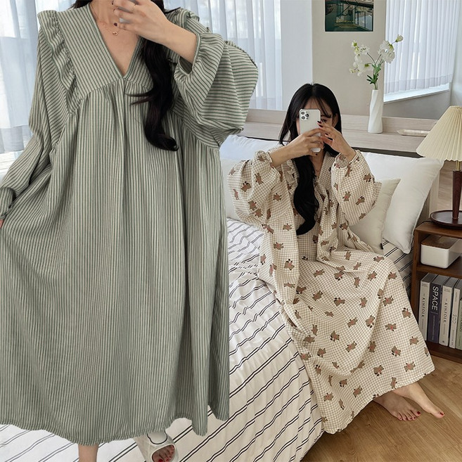 긴팔 여신 빅사이즈 감성 오버핏 파자마 홈웨어 원피스 44~120