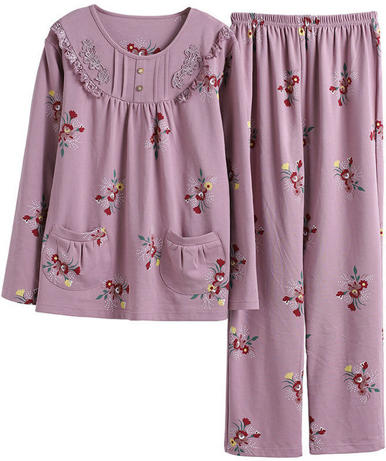 중년 여성 긴팔 실내복 세트 봄가을 루즈핏 라운드 상의 바지 홈웨어 투피스 엄마 풀오버 고급 순면 잠옷 세트 SJS