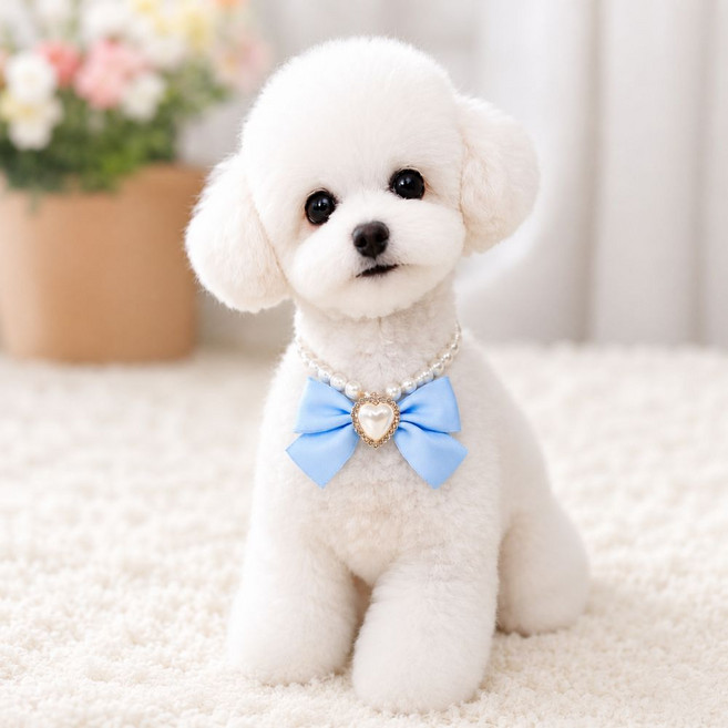 강아지 비즈 리본 진주 패션 목걸이, 1개, 파랑