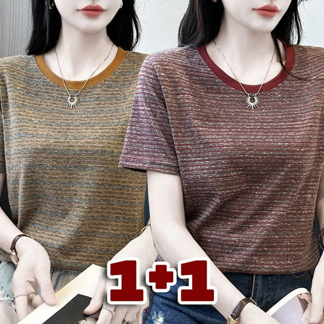 1+1 여성 반팔티셔츠 데일리룩 스트라이프 라운드넥 캐주얼 기본 레이어드 반팔티 빅사이즈