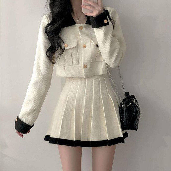 쪼예 배색 골드버튼 트위드 자켓 플리츠 스커트 세트