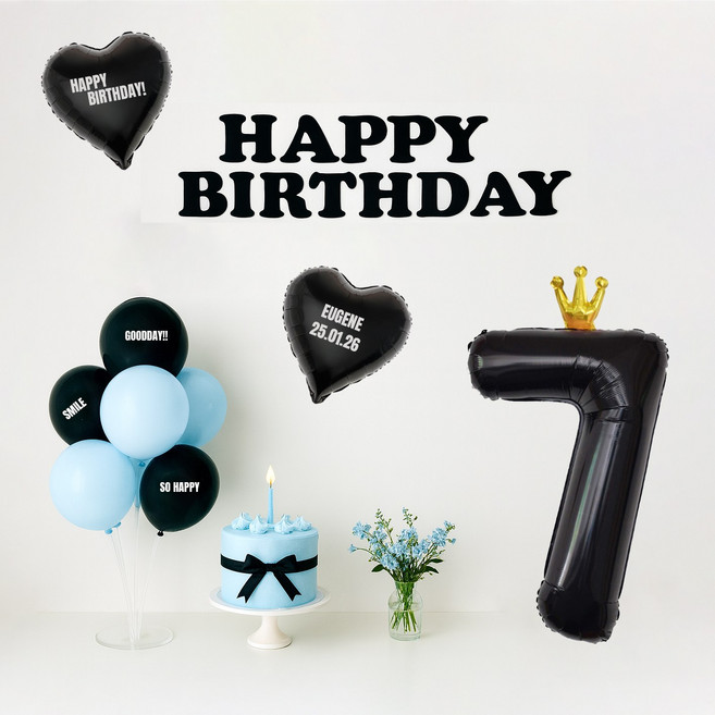 해피제이니 시크블랙 가랜드 대형 왕관숫자 풍선 생일 파티용품 세트 (자유레터링 시트지 3장), 1세트, 블루 블랙숫자7