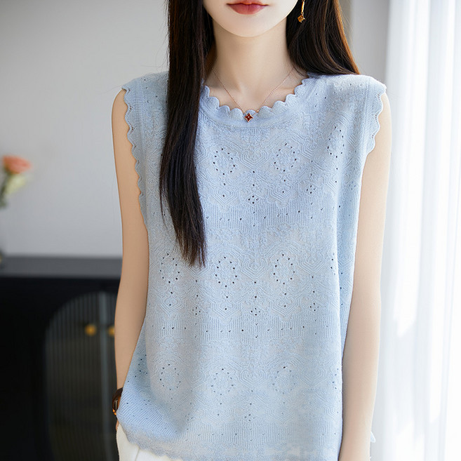 뚜니와또니 여성 슬림핏 아이스 실크 민소매 라운드넥 자카드 텐셀 티셔츠