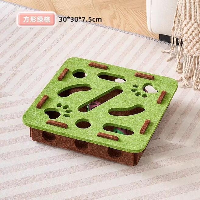 貓咪益智迷宮毛氈掏洞逗貓玩具 自嗨解悶神器, 1個, 綠色【方型掏掏樂】+鈴鐺球