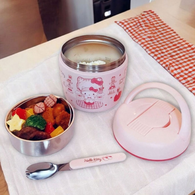 도시락 헬로키티 스텐 핸들형 도시락통 970ml 스포크, 1개