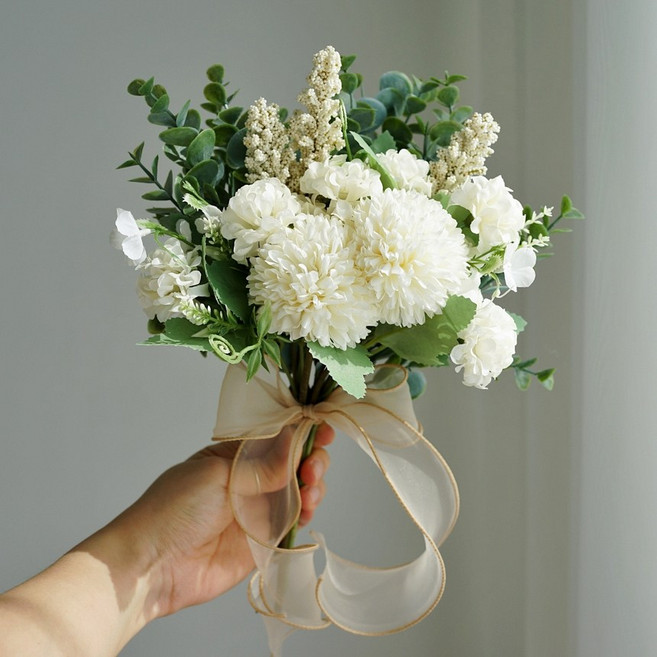 엘블랑꼬 셀프 웨딩 부케 퐁퐁볼 들꽃 조화, 화이트, 1개