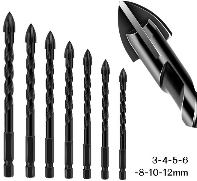 tinduo 3mm~12mm 7P세트 4날 만능 드릴비트 멀티 드릴 비트 콘크리트 타일 유리 대리석 석재 전동드릴 기리, 1세트