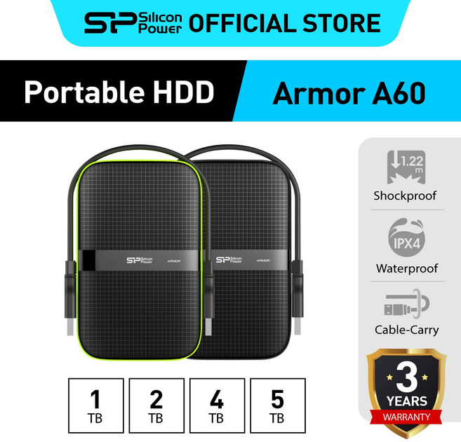 실리콘파워 Silicon Power 외장HDD 익스트림 방수 외장하드 A60, 블랙, 2TB