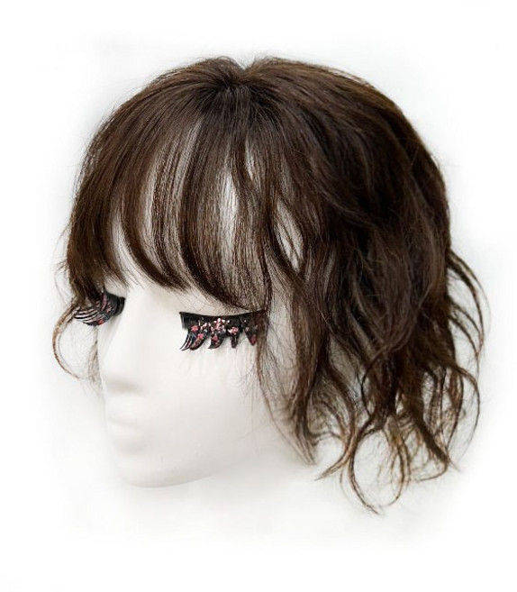 센스모드니 리얼스킨 여성 정수리 부분가발 웨이브 인모 100% 여성가발 여자가발 앞머리, 자연갈색, 1개