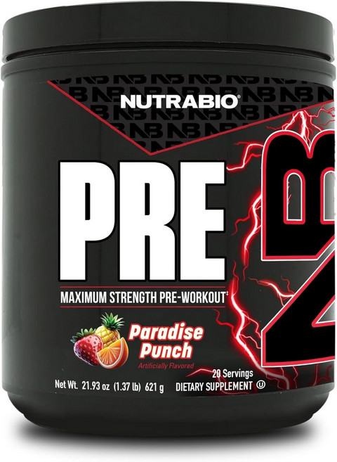 뉴트라바이오 프리 운동 파우더 - 오래된 포뮬러 지속 에너지 정신 집중력 지구력 베타 알라닌 크레아틴 카페인 전해질 20인분 체리 라임에이드, Paradise Punch